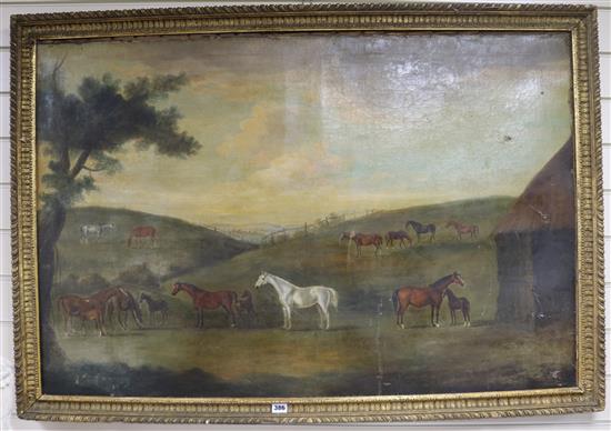 19th century English School, oil on canvas, horses in a downland landscape, 76 x 114cm